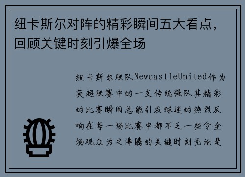 纽卡斯尔对阵的精彩瞬间五大看点，回顾关键时刻引爆全场