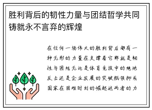 胜利背后的韧性力量与团结哲学共同铸就永不言弃的辉煌