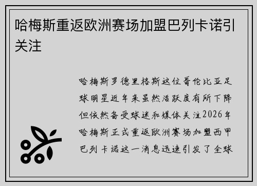 哈梅斯重返欧洲赛场加盟巴列卡诺引关注